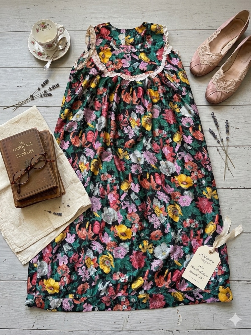 Vintage Night Gown Floral Black with Bold Florals